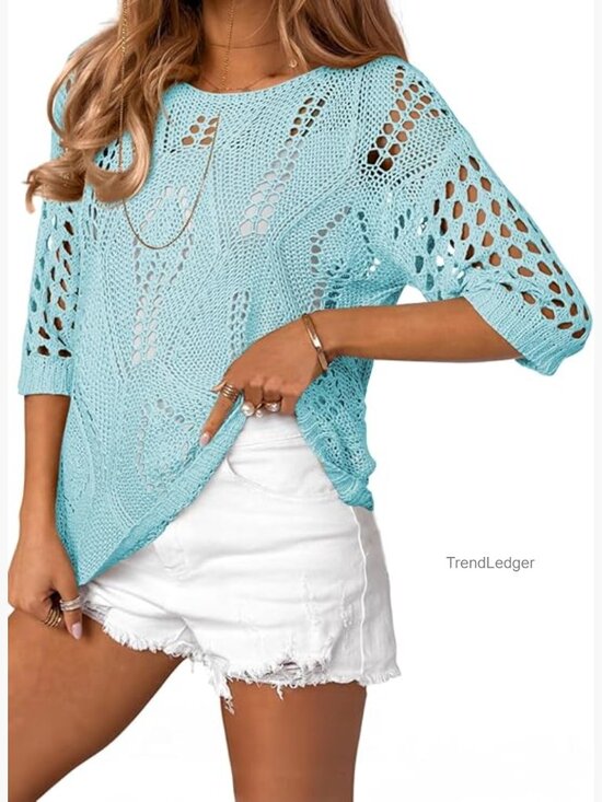 Other - Crochet Hollow Out Pullover Sweater 3/4 Sleeve Beach Cover Up